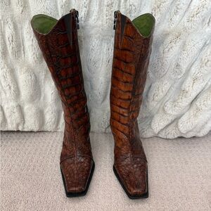 Donald J. Pliner Crocodile Brown and Olive Heeled Boots